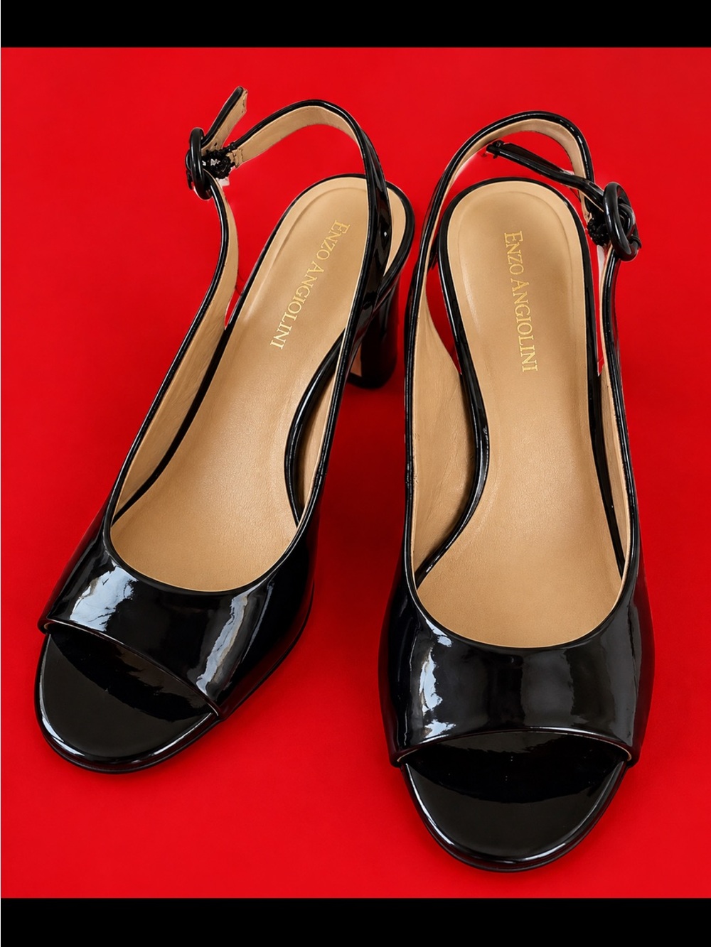 Enzo Angiolini Black Patent Peep-Toe Slingback Heels, size 8.
